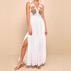Lulus Tickets To Paradise White Embroidered Maxi Dress, Size Medium
